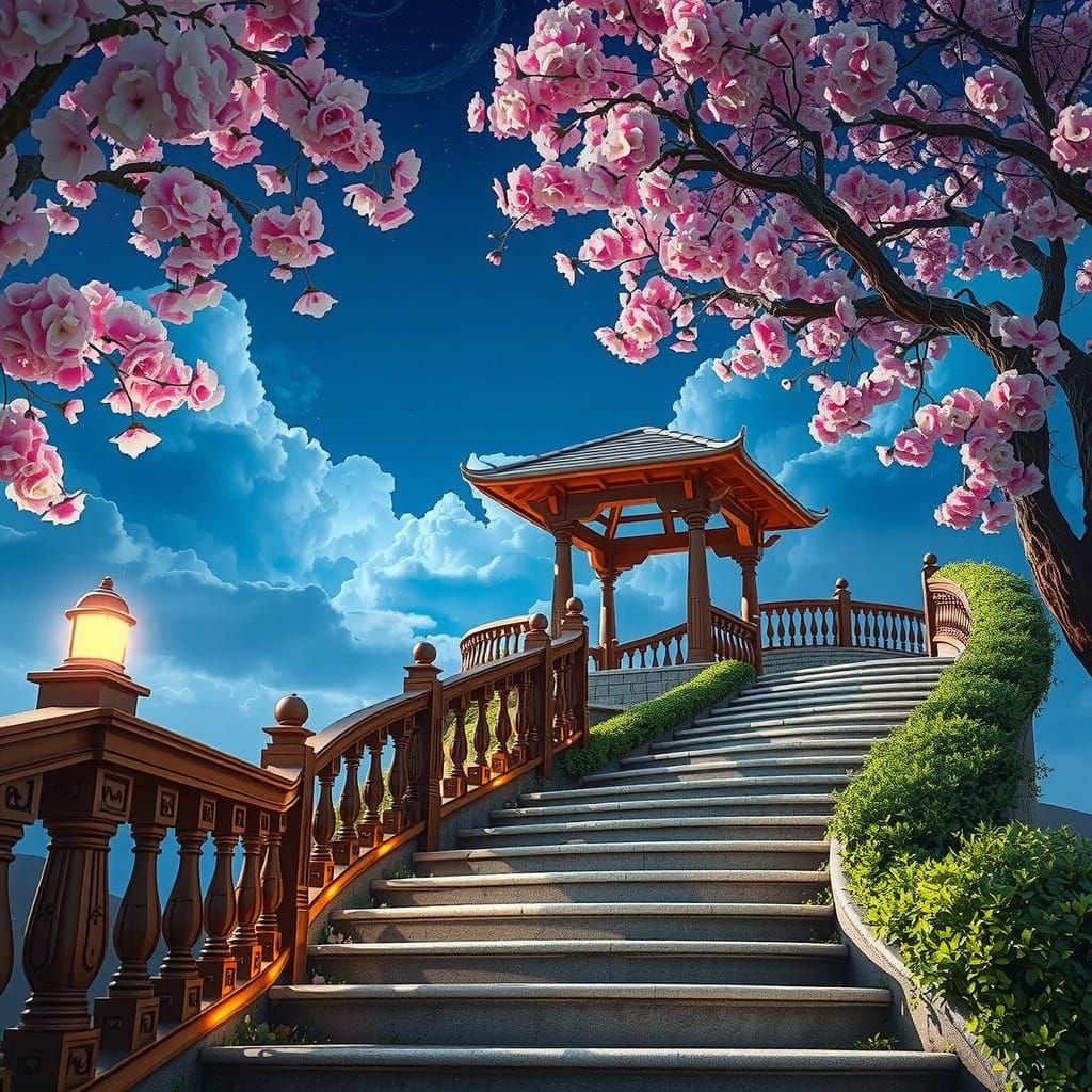 Whimsical Wood Gazebo Staircase Under Cherry Blossoms