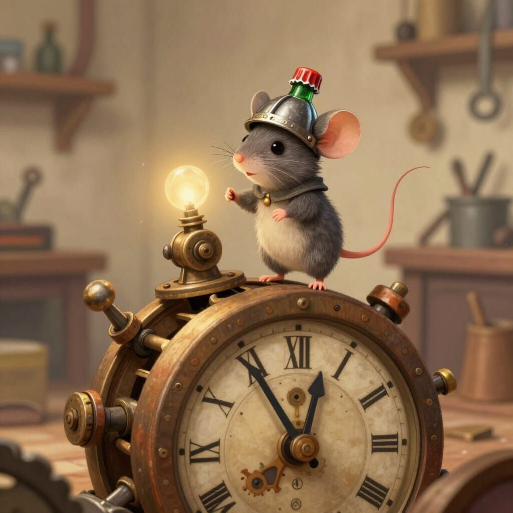 Mouse Knight Triumphs on Clockwork in Cozy Workshop