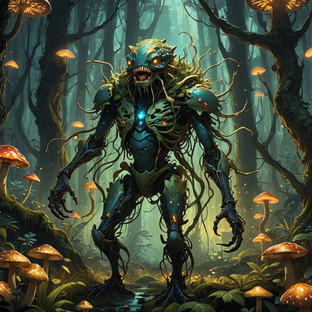 Five-Armed Creature in Bioluminescent Forest, Digital Art
