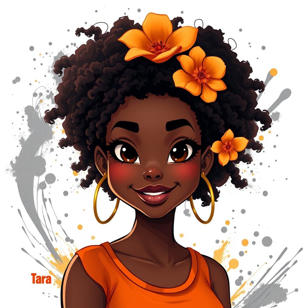 Vibrant Cartoon Portrait of a Young Woman with Curly Hair an...