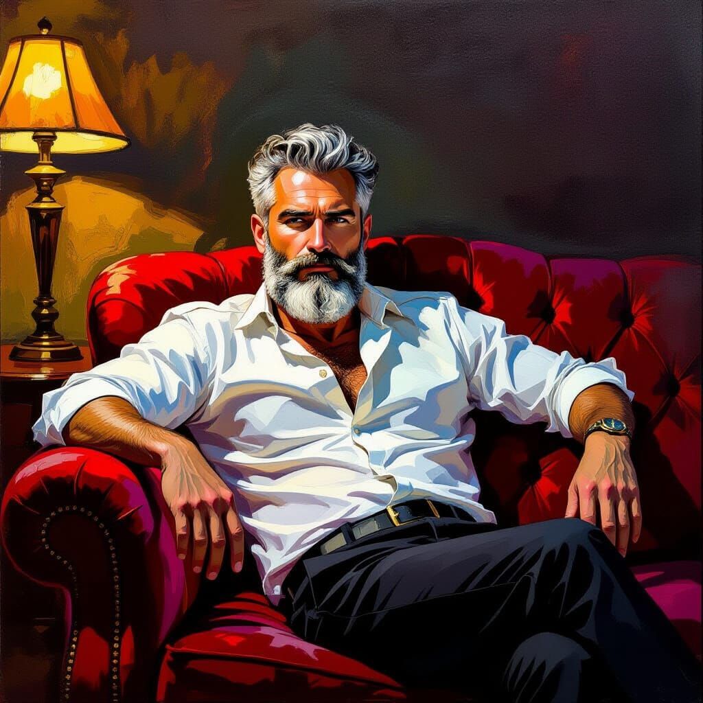 Man Reclining on Velvet Couch in Expressive Oil Painting Sty...