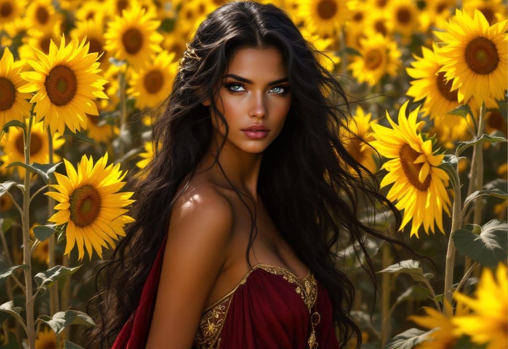 Roman Goddess in Sunflower Field, Renaissance Style