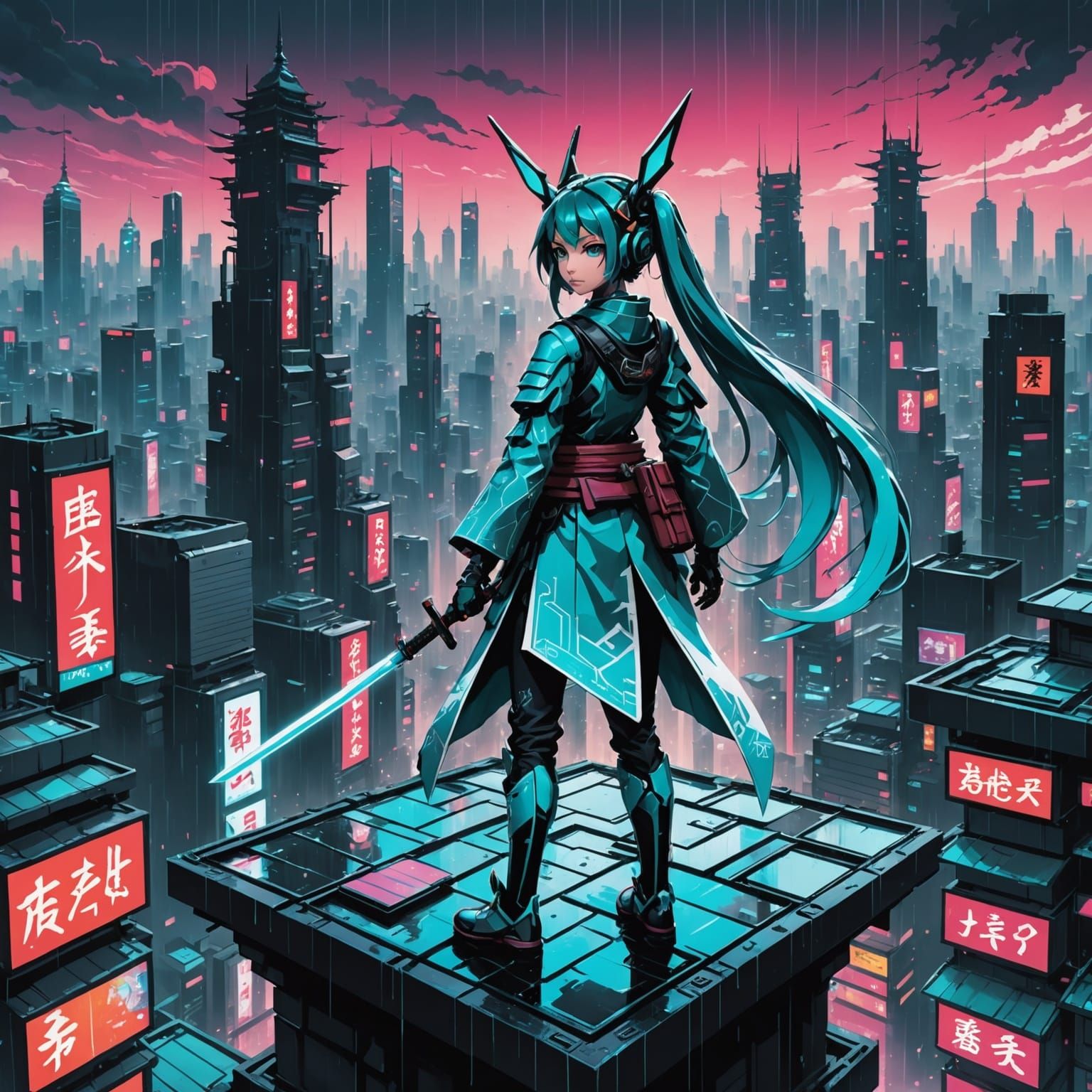Hatsune Miku Samurai Warrior in Cyberpunk Metropolis