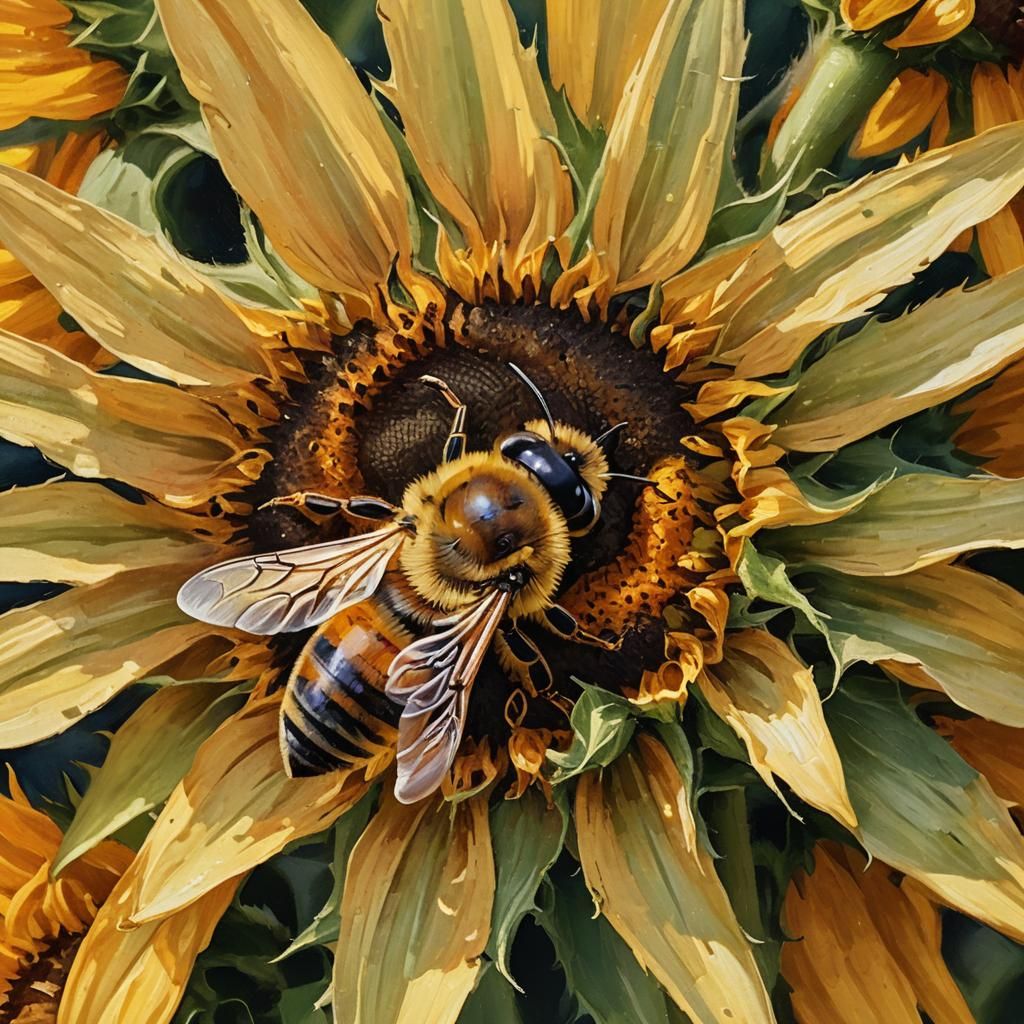 A close-up of a honey bee resting on a sunflower.