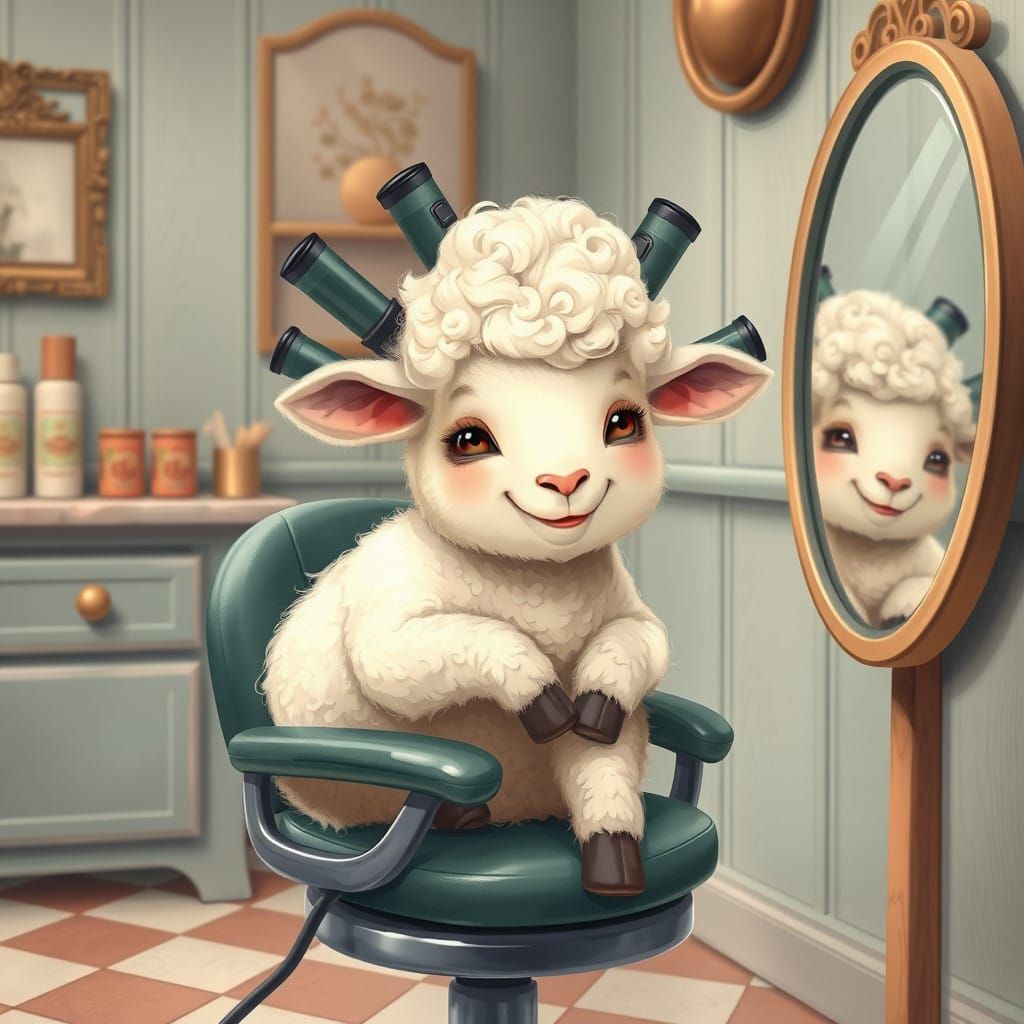 Charming Sheep in Hairdresser's Chair