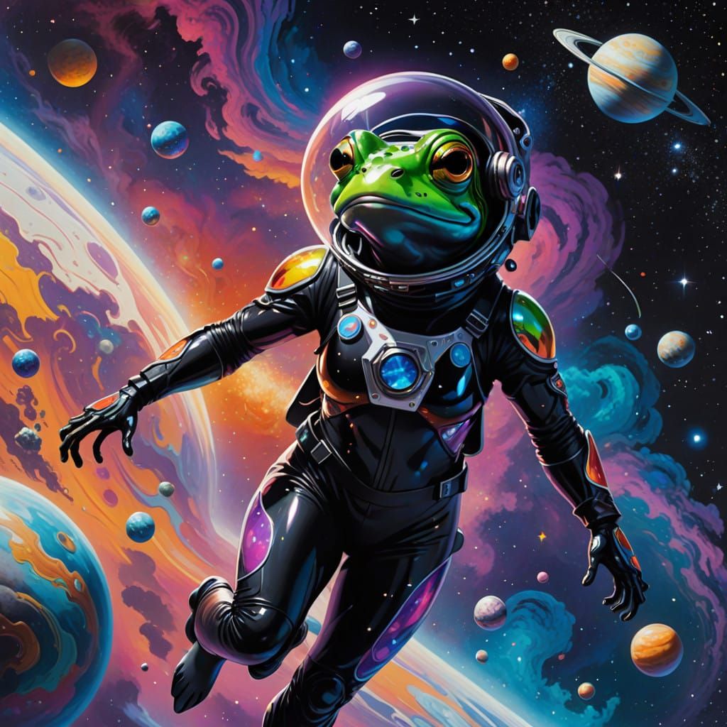Cosmic Frog in Futuristic Spacesuit Amidst Swirling Nebula