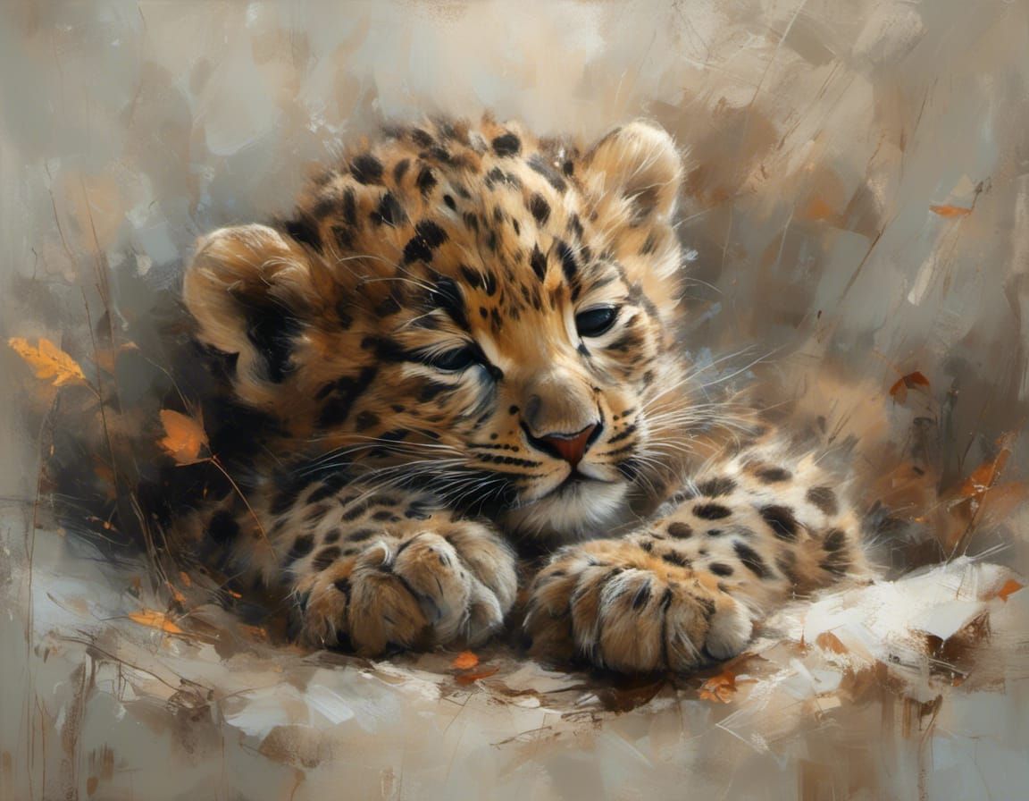Sleeping Baby Leopard in Dreamy Painting Style