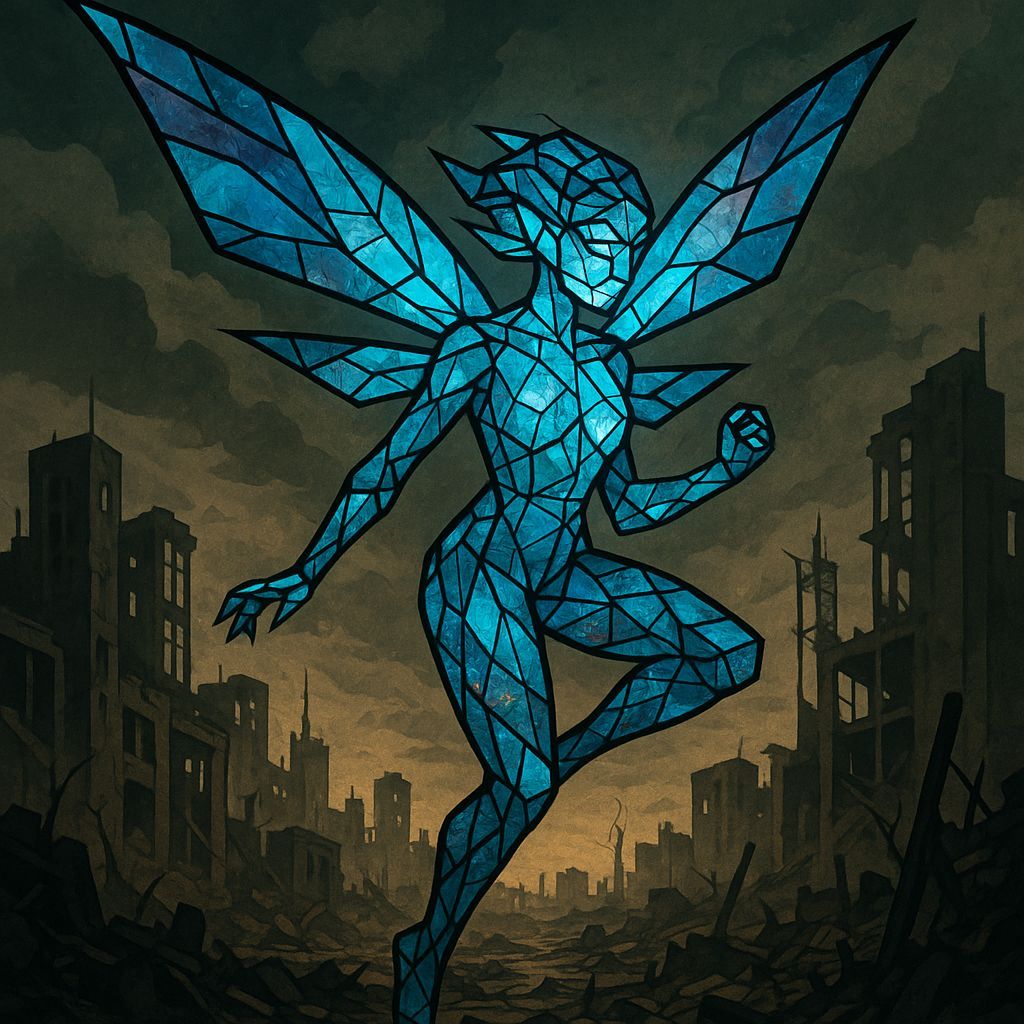 Stained Glass Fairy Over Post-Apocalyptic Landscape