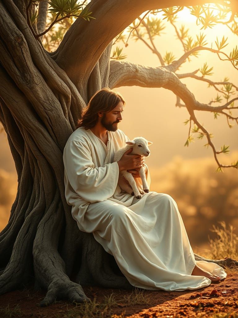 Jesus with Loving Lamb in Serene Olive Grove