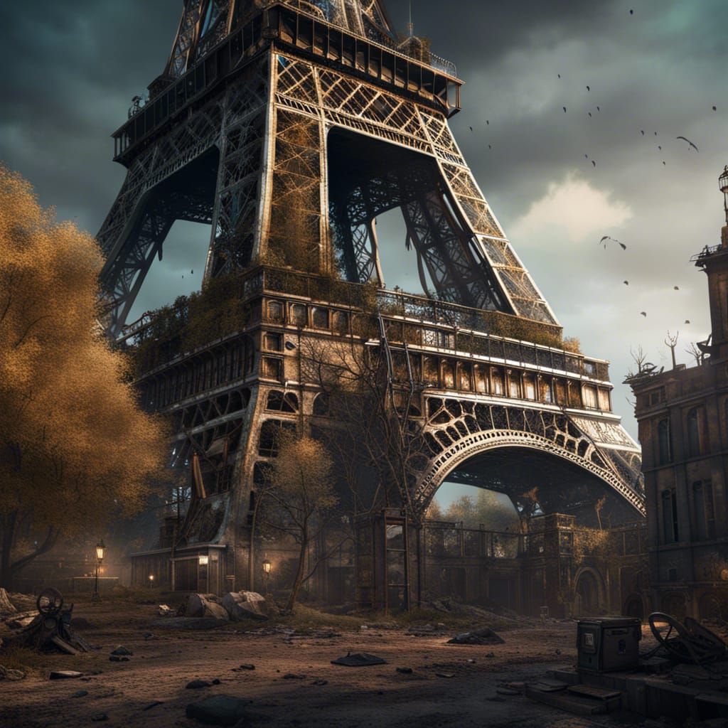 Post Apocalyptic Eiffel Tower detailed matte painting, deep color, fantastical, intricate detail, splash screen, complem...