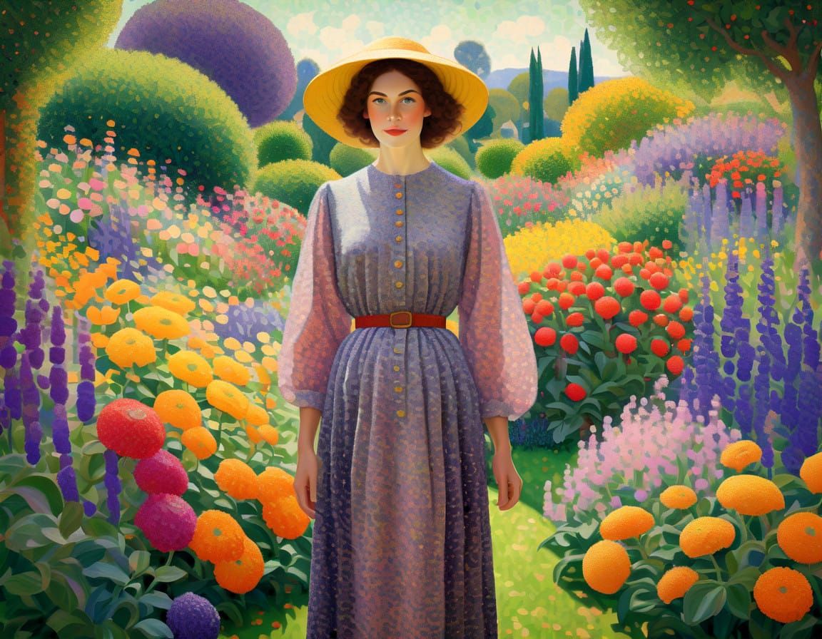 Woman in Lush Garden with Pointillist Style