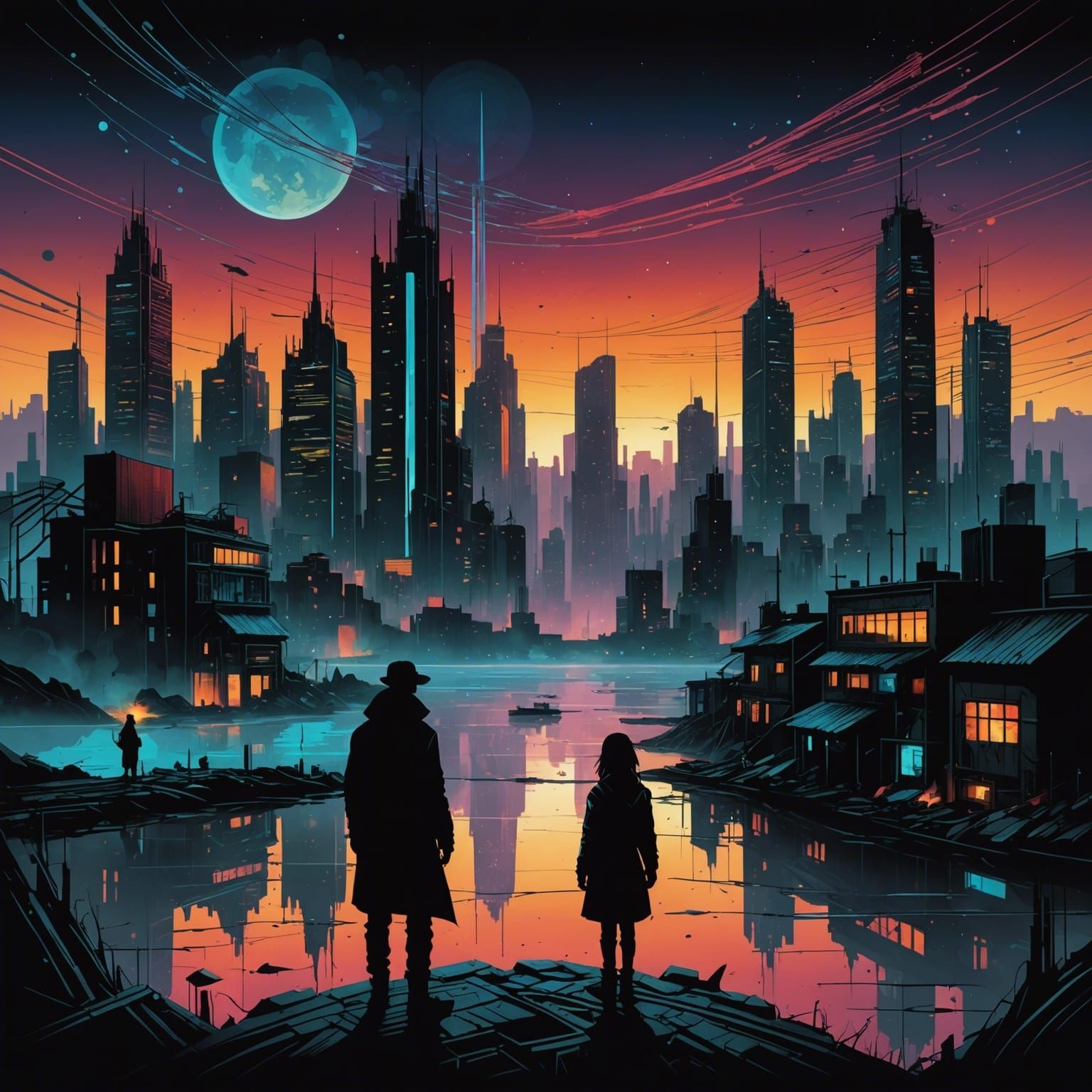 Cyberpunk City Silhouette with Bioluminescent Sunset