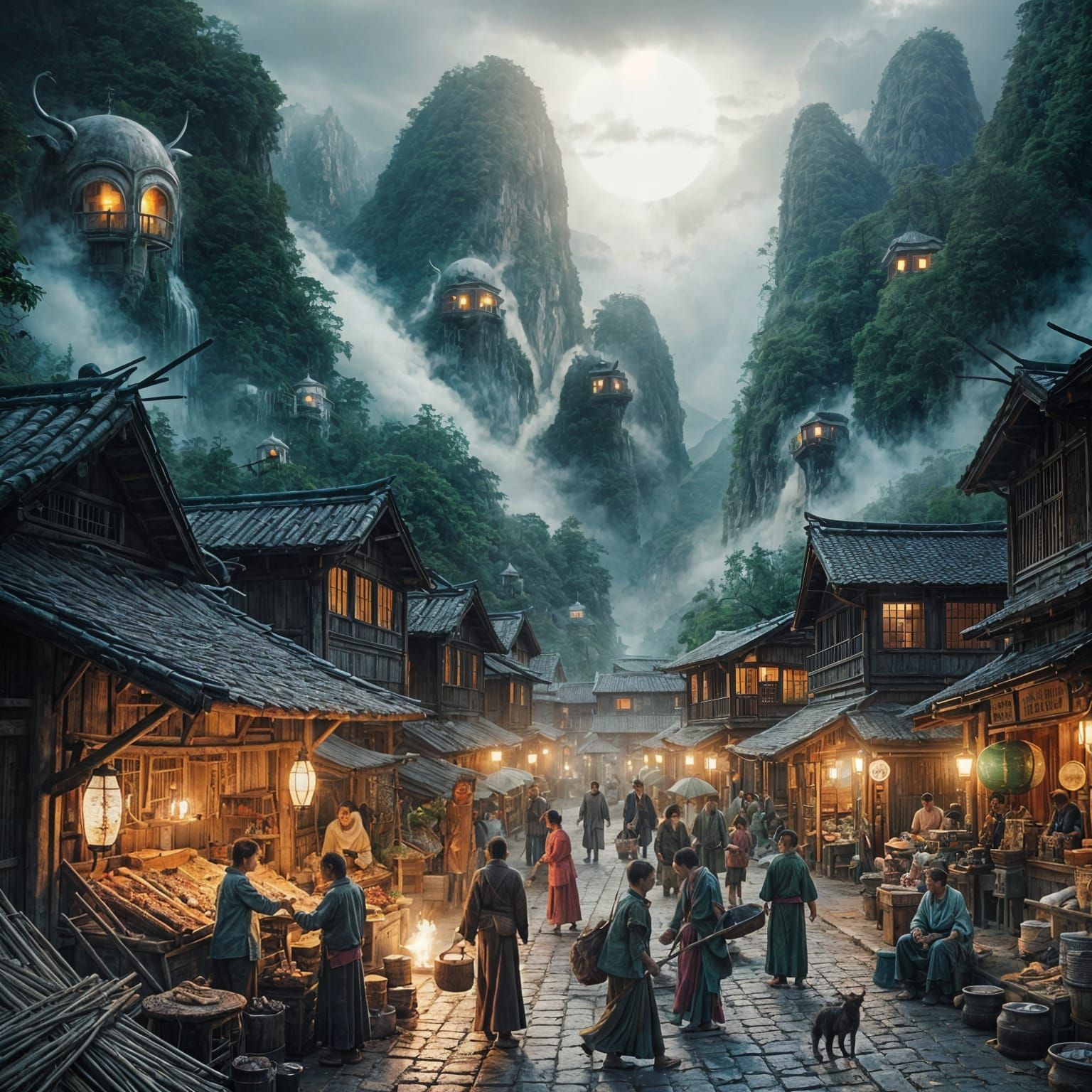 Mystical Village with Yokai and Trolls in Misty Forest