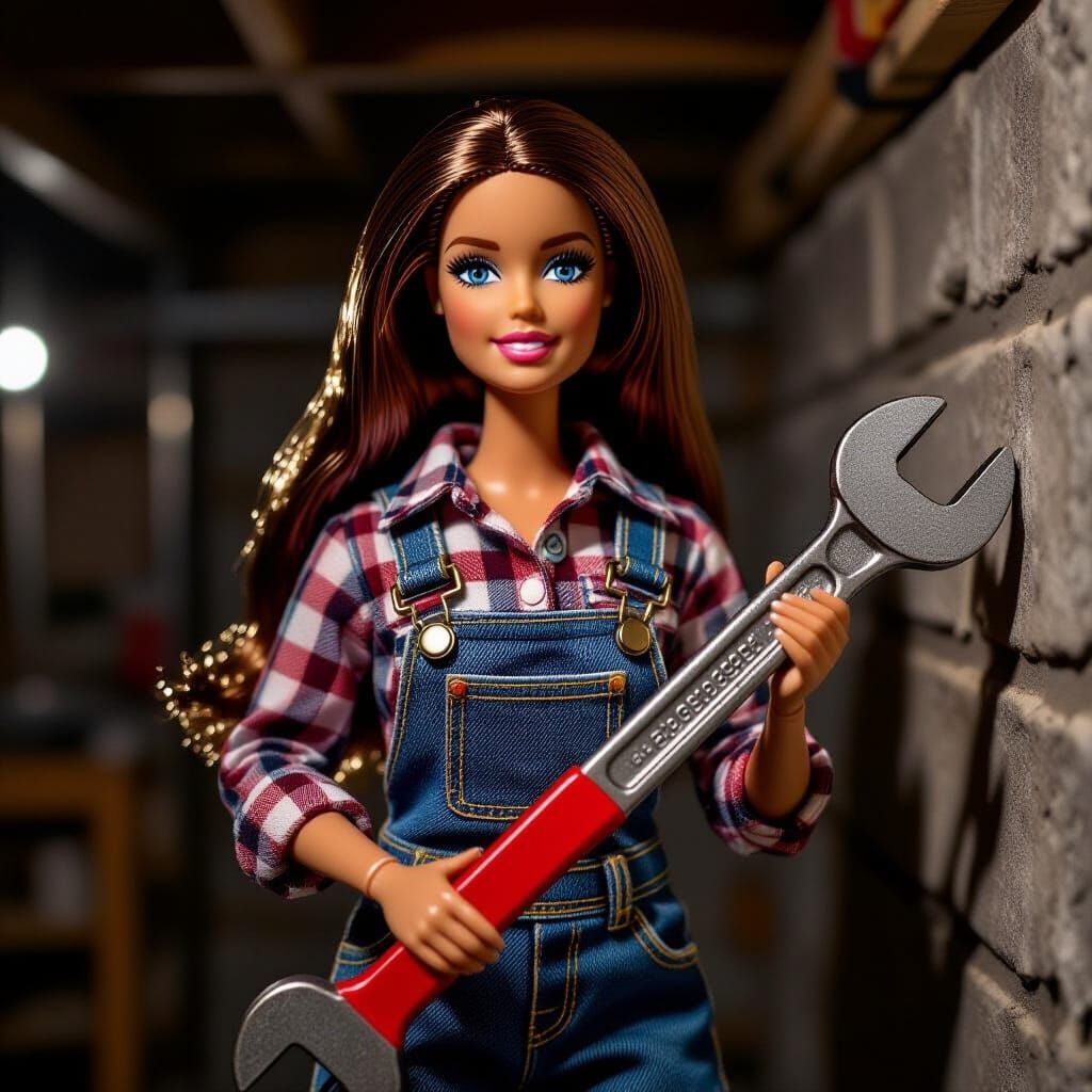 Hyperrealistic Barbie Plumber in Dimly Lit Basement