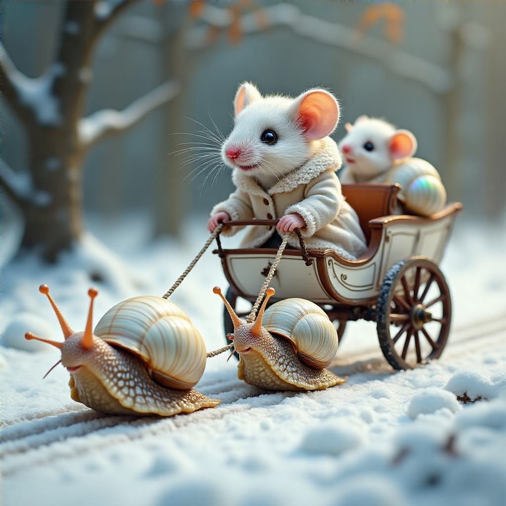 Whimsical Victorian Mouse Conquers Snowy Snail Carriage