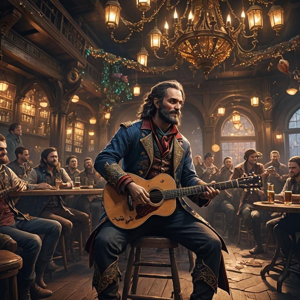 Bard Plays Guitar: Detailed Matte Painting in Bar