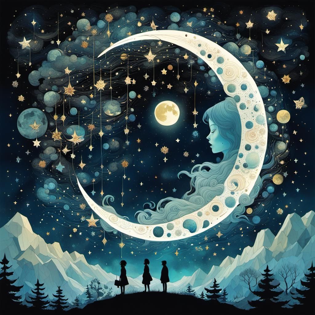 Surreal Moonlit Starry Night Collage Art