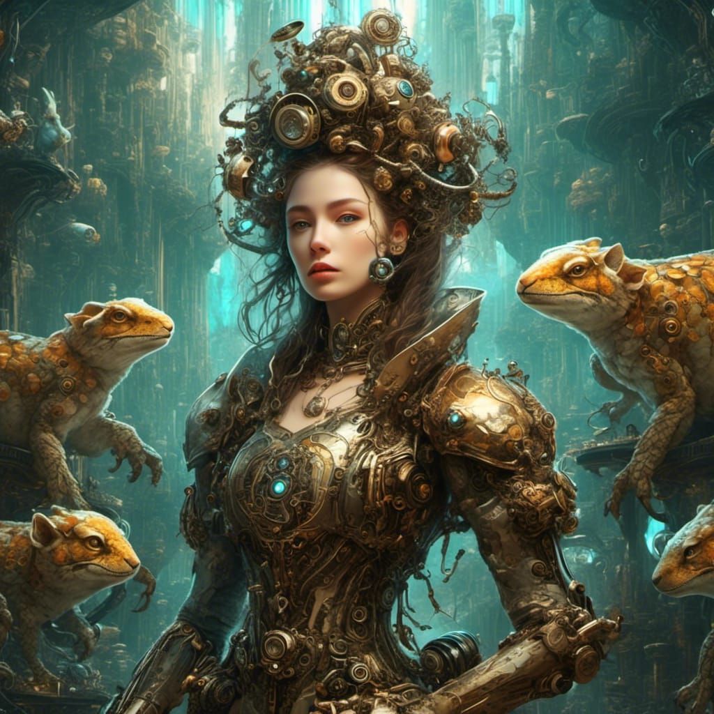 Steampunk Android Princess in Enchanted Cyberpunk World