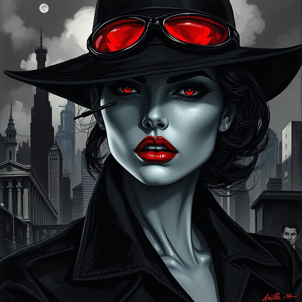 Gothic Noir Femme Fatale in a Cyberpunk Cityscape