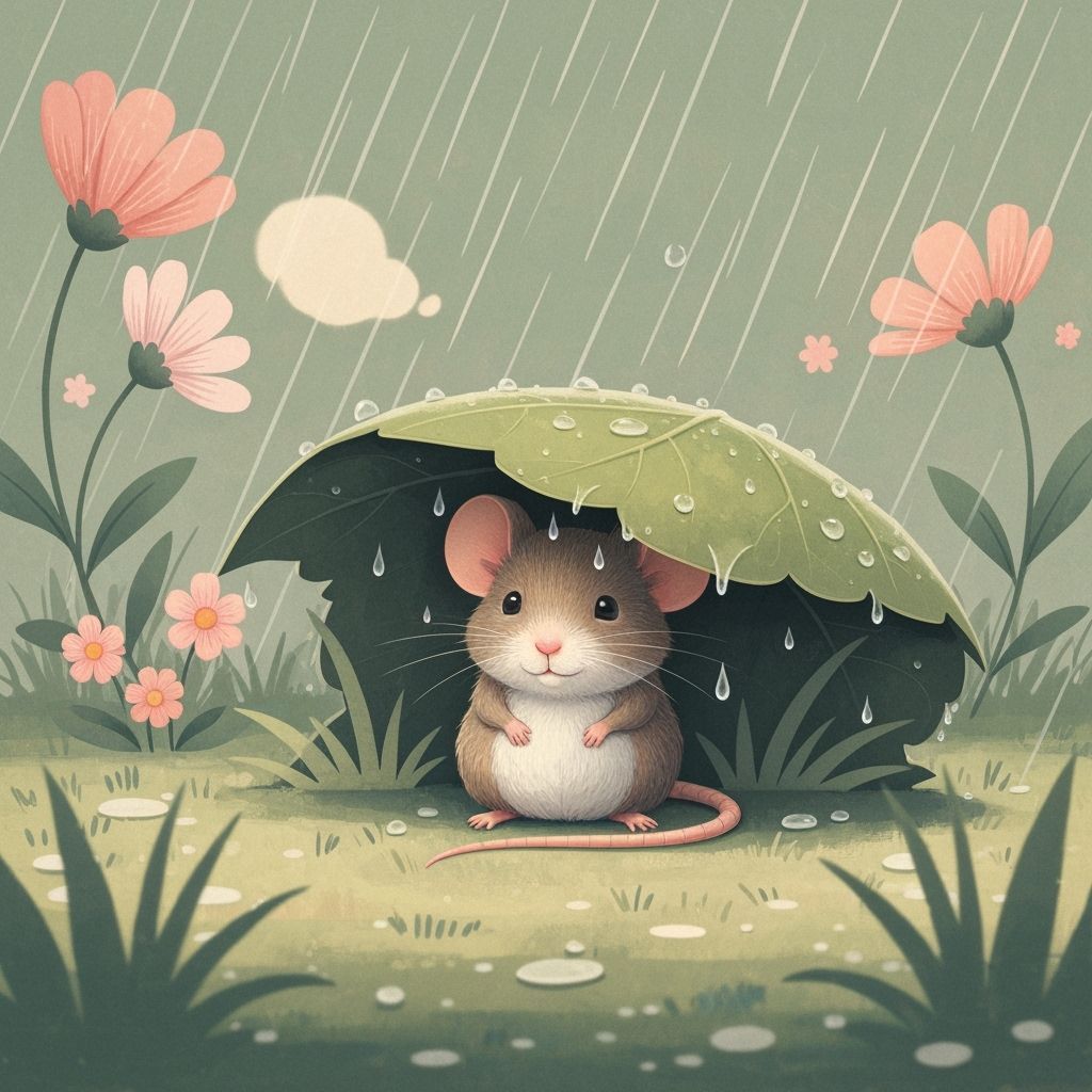 Cute Mouse Shelters Under Leaf in Vintage Book Illustration ...