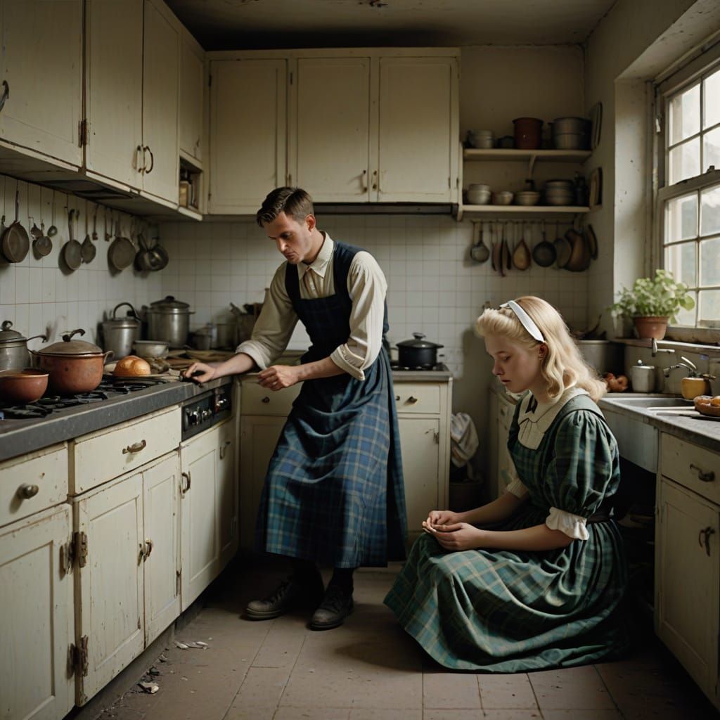 Intimate Moment: Dress Repair in a Warm Kitchen