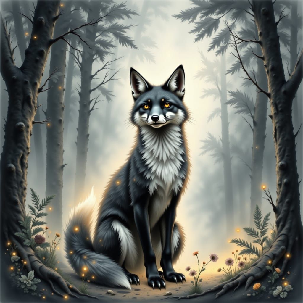 Ethereal Glitter Smoke Fox in Misty Watercolor Forest