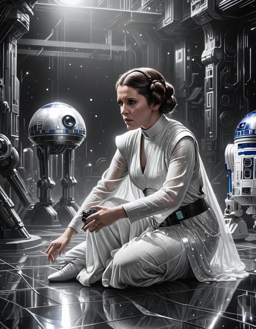 Princess Leia with her droids in Star Wars