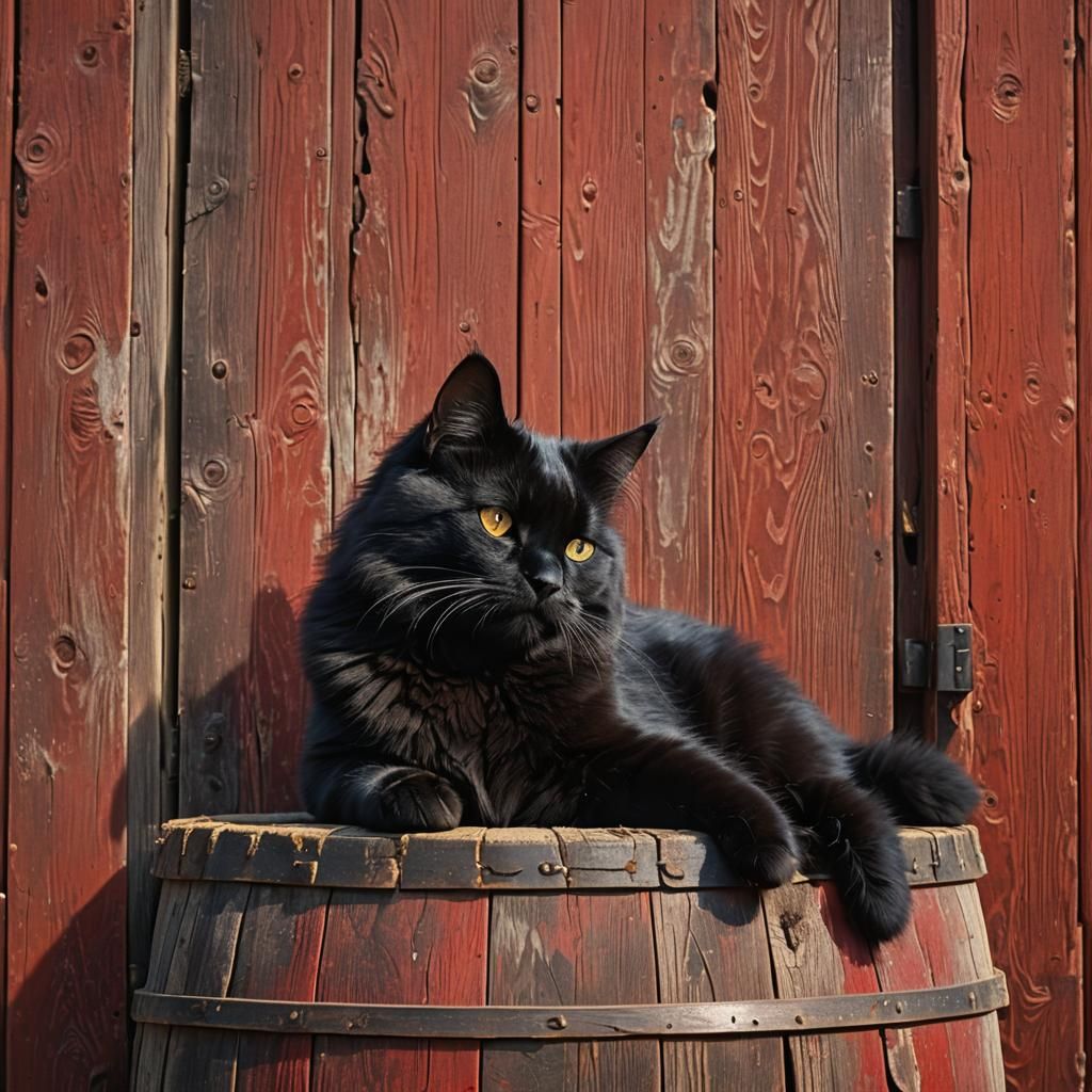 Fluffy Black Cat Sunbathing in Barn Door