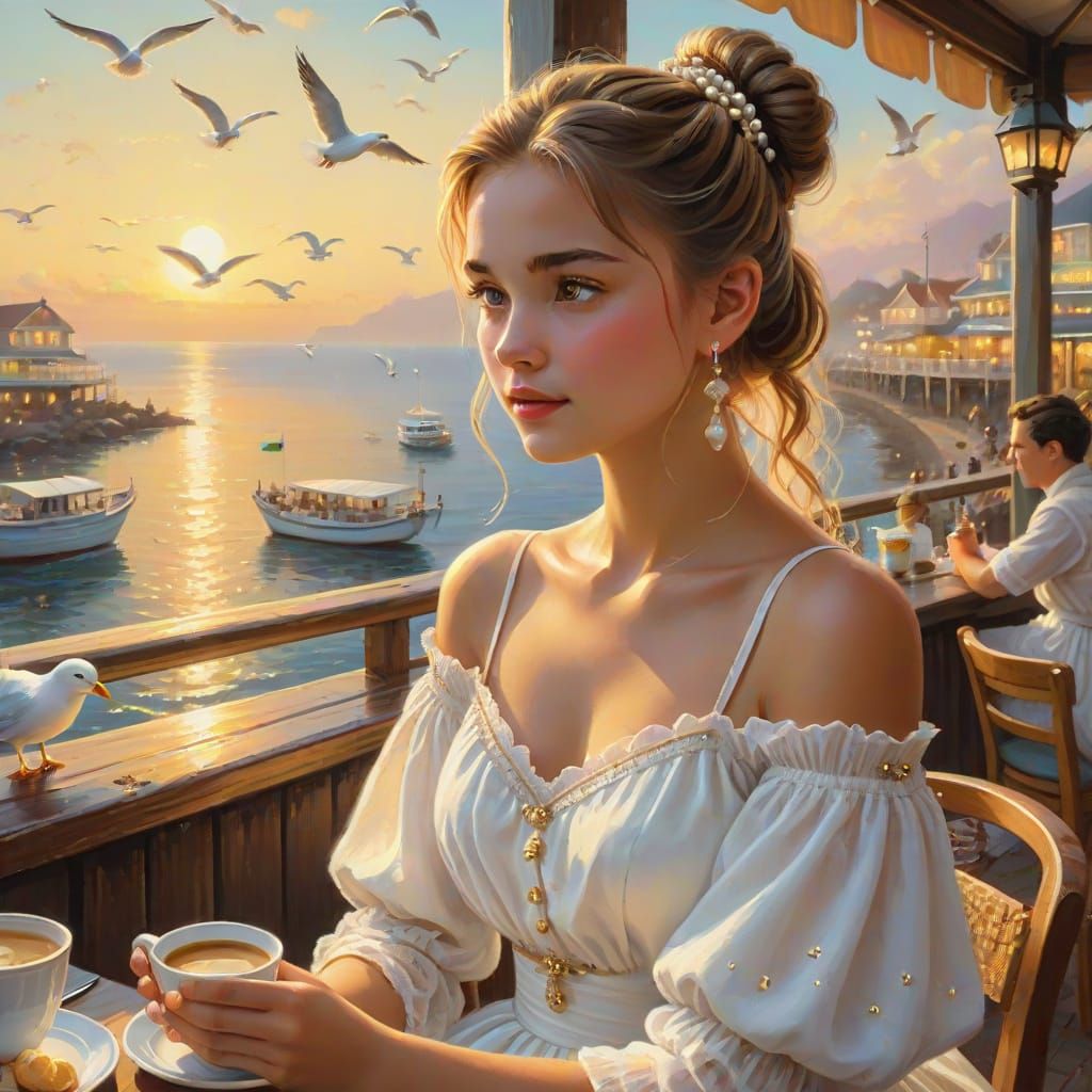 Girl in Seaside Cafe with Golden Light as Impasto Painting