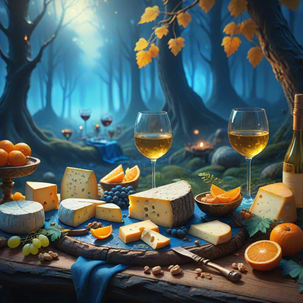 Mystical Wine and Cheese Table in Oil Painting Style