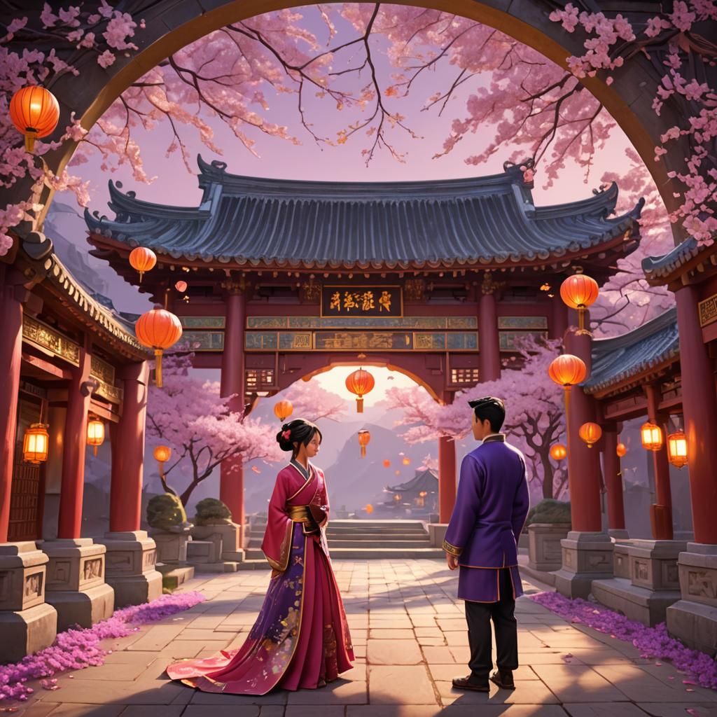 Romantic Chinese Scene with Lanterns and Blossoms