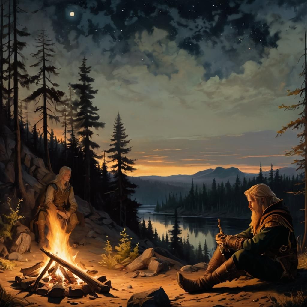 Fantasy Hunter and Elf Campfire Scene