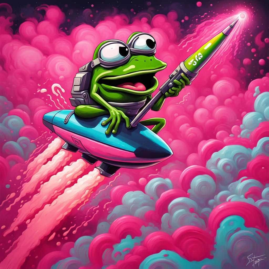 Pepe the Frog Rides a Rocket in Graffiti Style