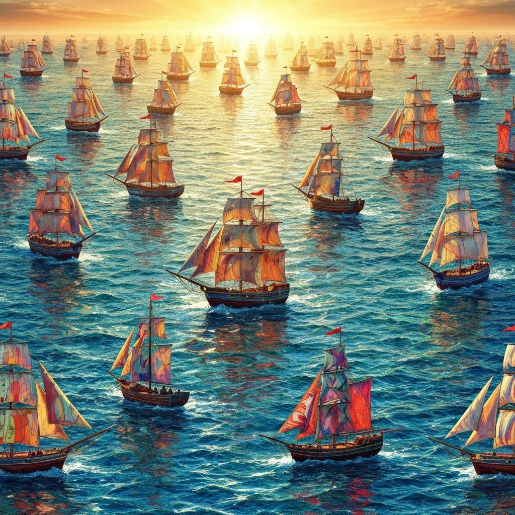 Kaleidoscope Art: Colorful Sailing Ships on Boundless Sea