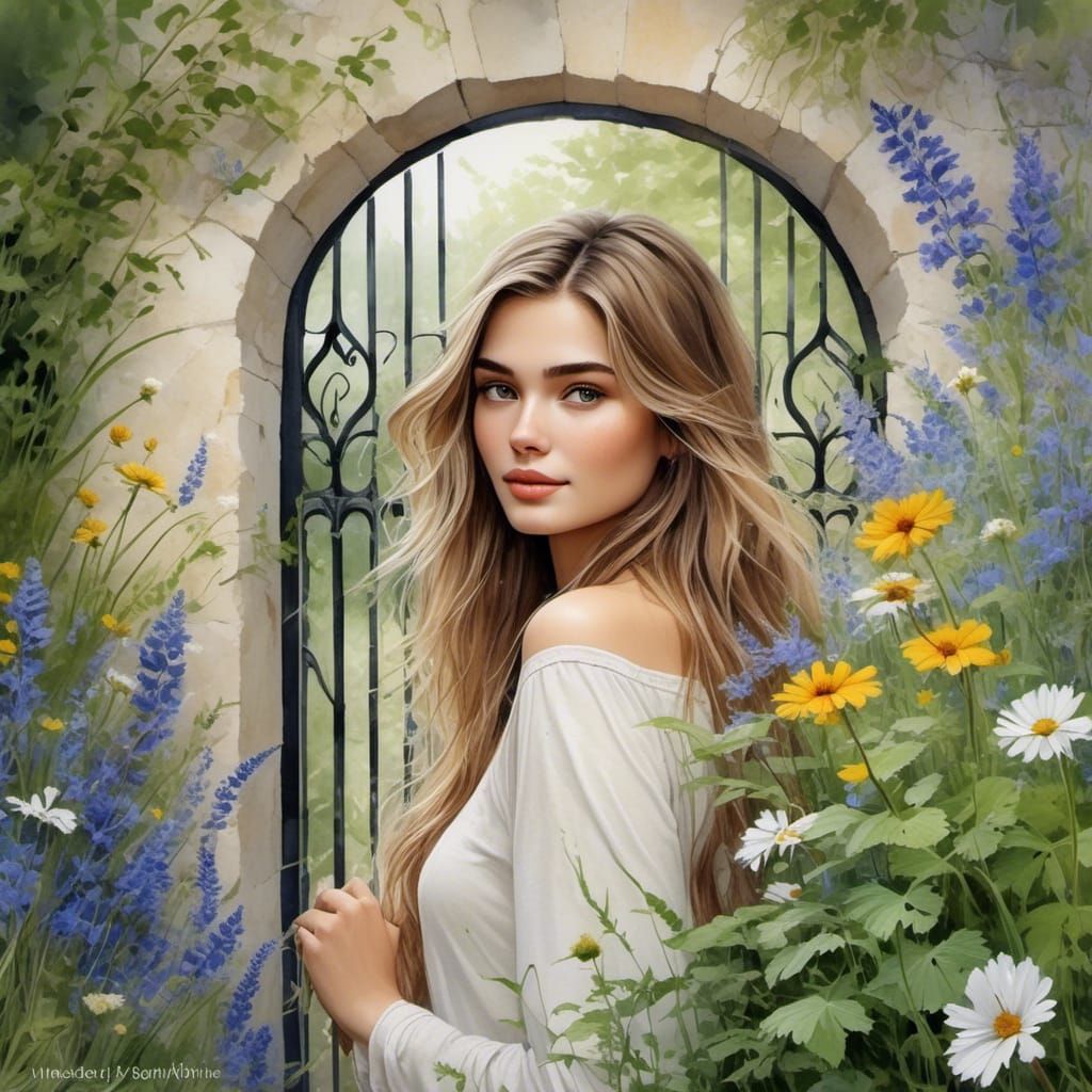 Woman with Sparkling Eyes in Secret Wildflower Garden