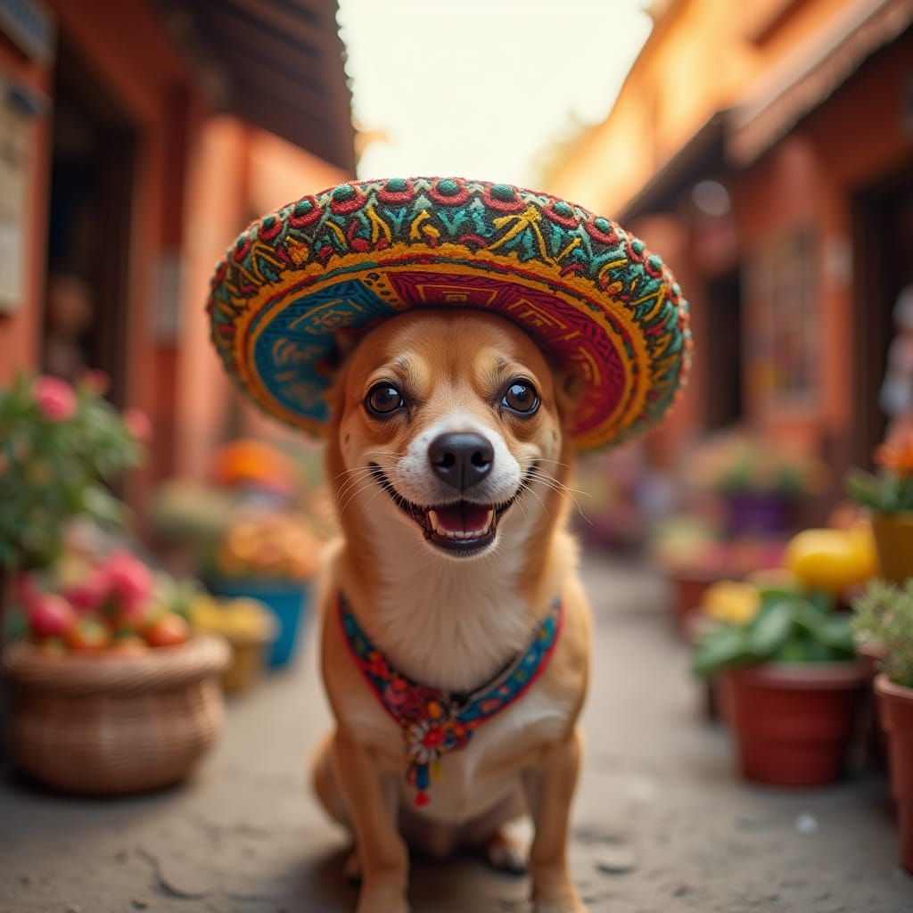 Cheerful Chihuahua in Sombrero, Mexican Marketplace