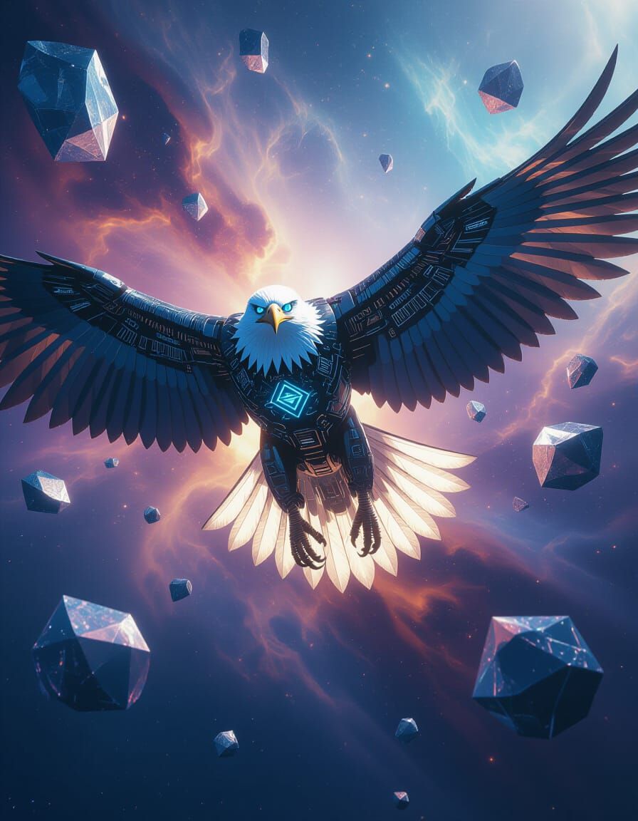 Cyborg Eagle Soaring Through Cosmic Nebula