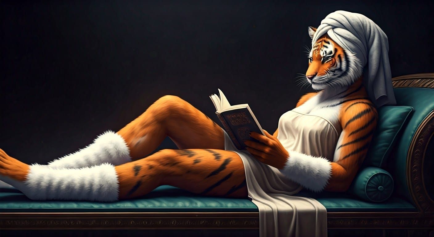 Elegant Tigress in Bookish Repose