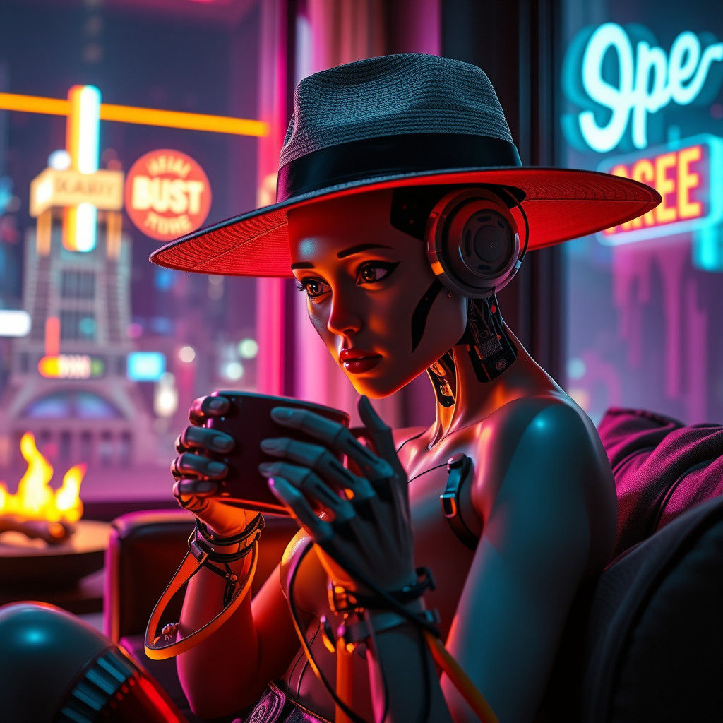 Robot in Cyberpunk City Relaxing with Coffee