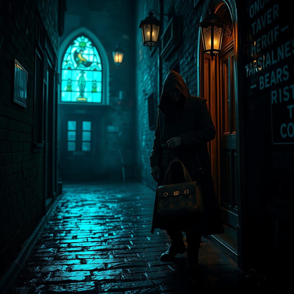 Midnight Alleyway Scene with Hidden Tavern Glow