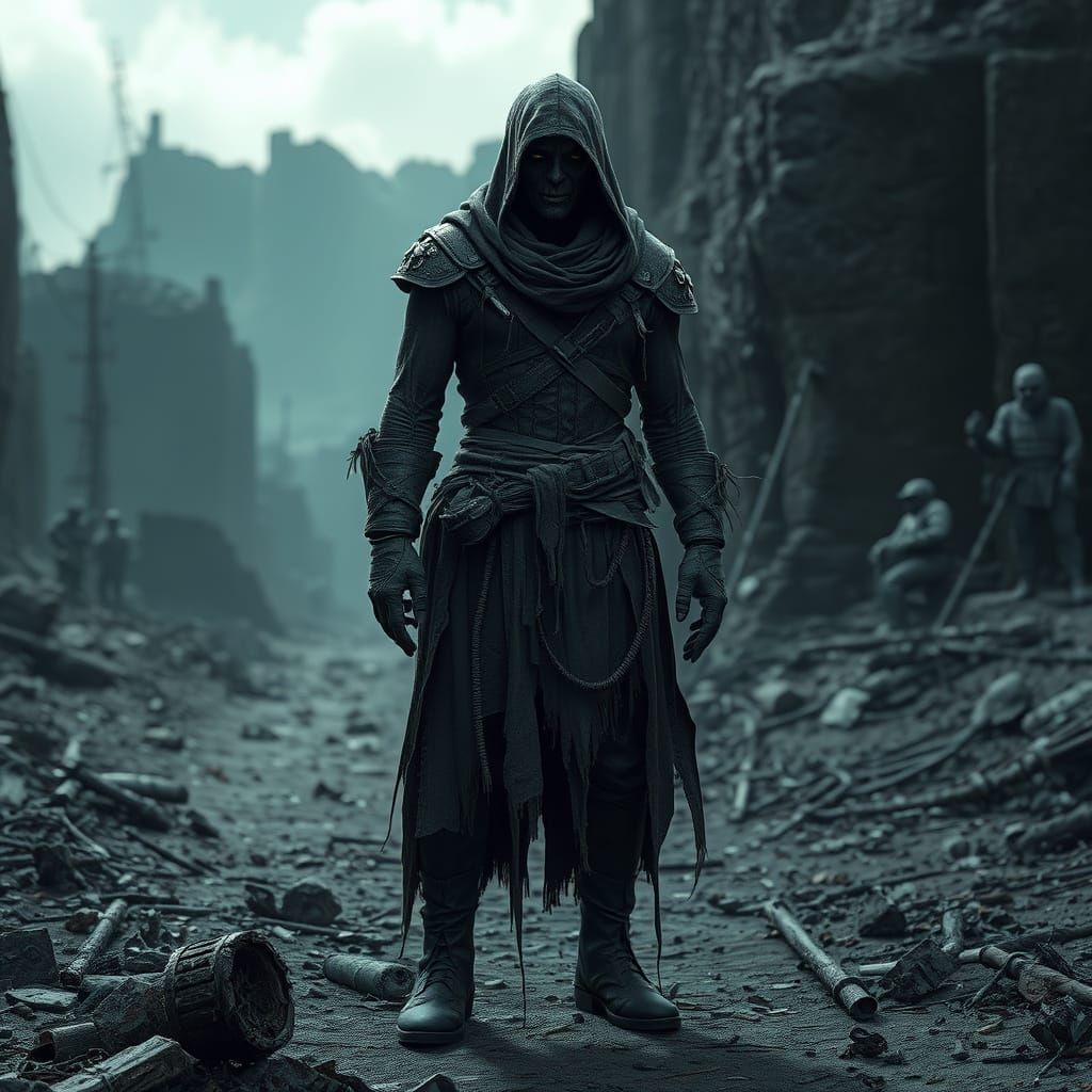Dark Post-Apocalyptic Figure Amidst Ravaged Landscape
