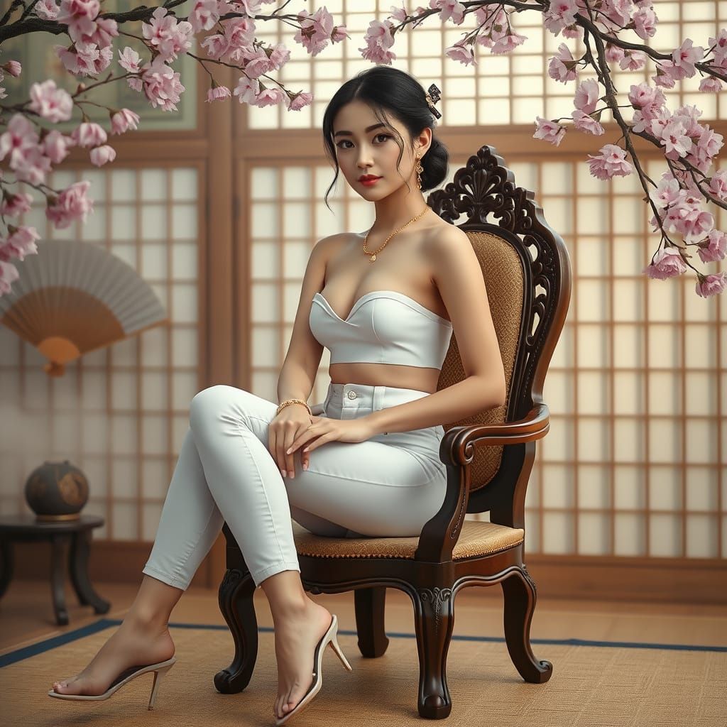 Japanese Woman in Traditional Setting, Golden Hour