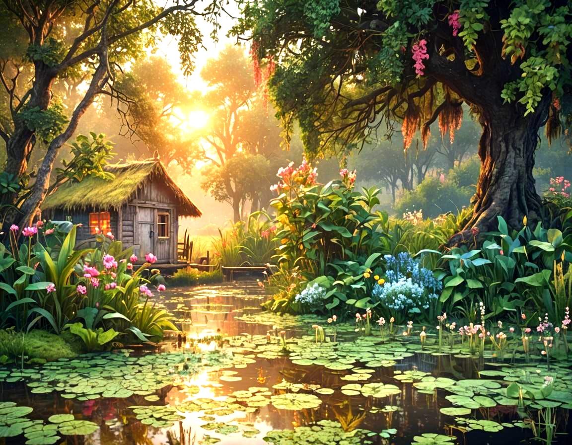 Swamp Hut at Dawn: Photorealistic 8K Stock Photo