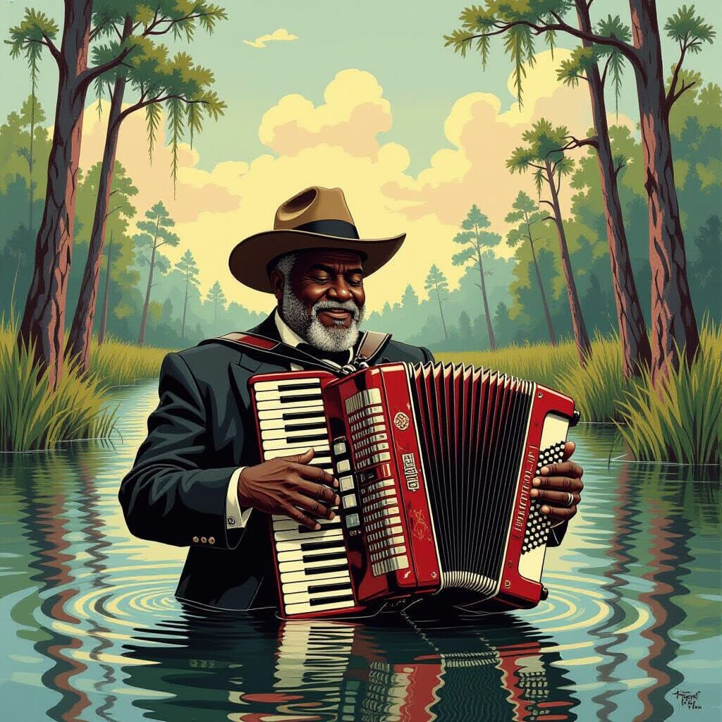 Clifton Chenier Plays Accordion in Swamp, Whimsical Art