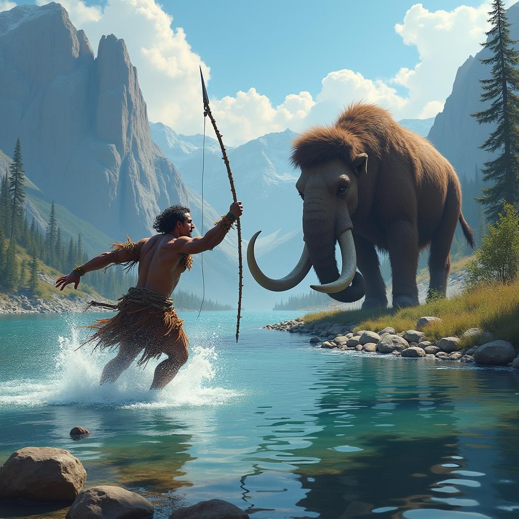 Hyperrealistic Caveman Hunting Mammoth by Lake