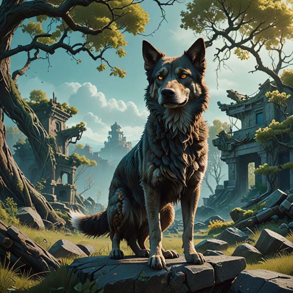 Majestic Grey Stray Dog in Mystical Fantasy Landscape