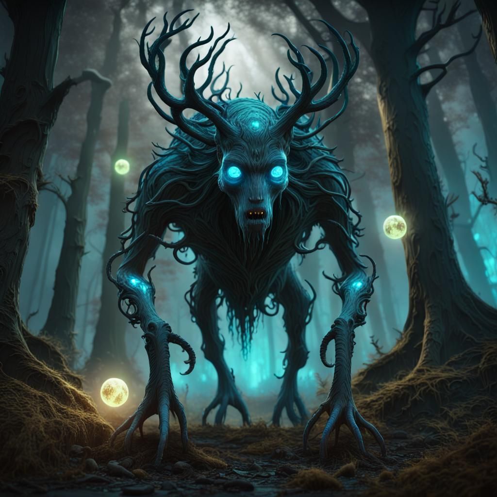Bioluminescent Creature in Eerie Forest: Digital Matte Paint...