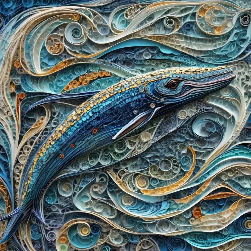 Hyperrealistic Blue Whale with Zentangle and Quilling