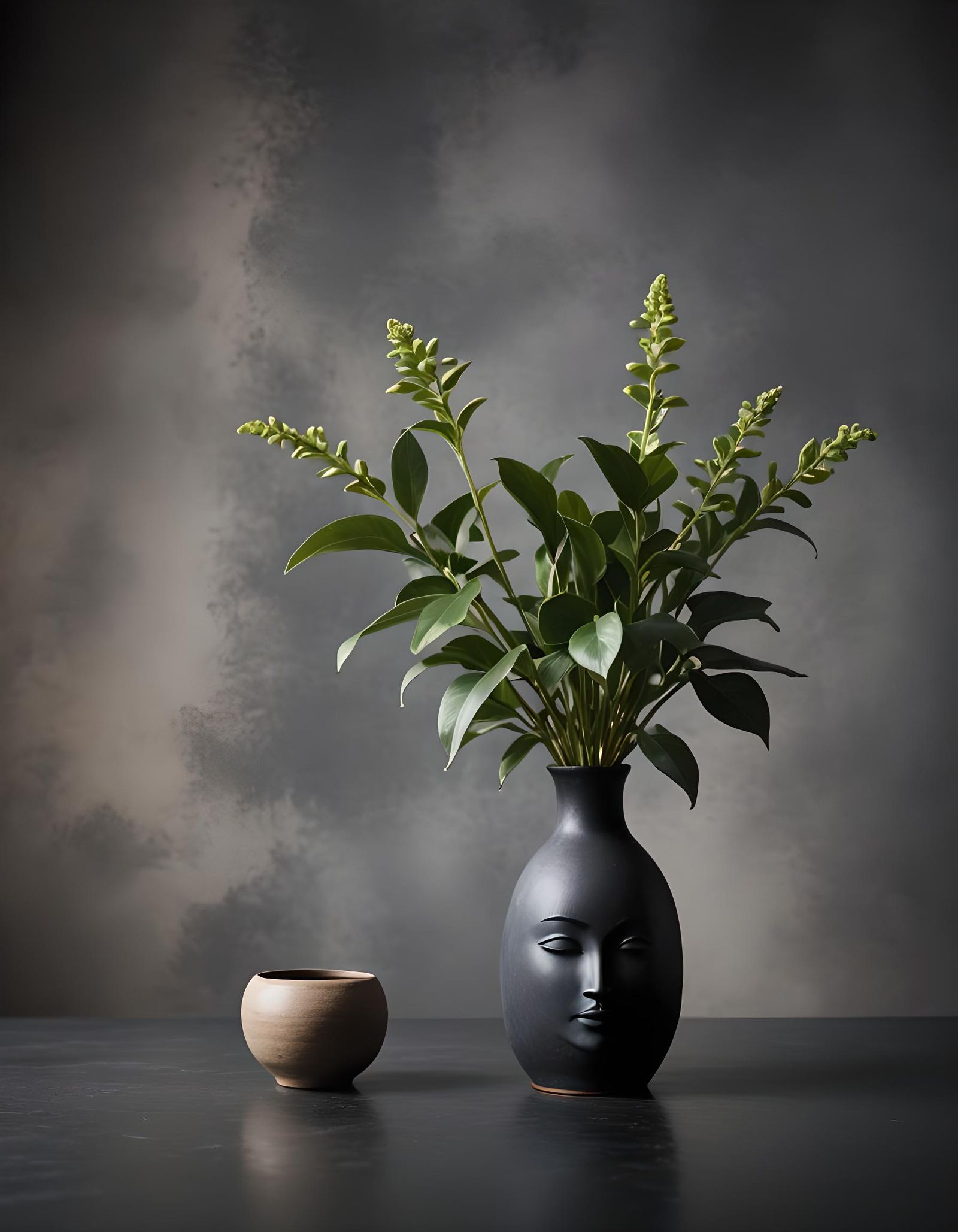 Vase Shaped as Woman's Face with Plant