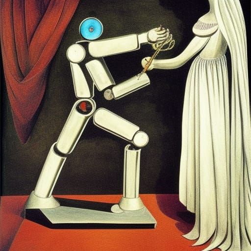 Robot Bride with Metal Flowers: Surreal Art
